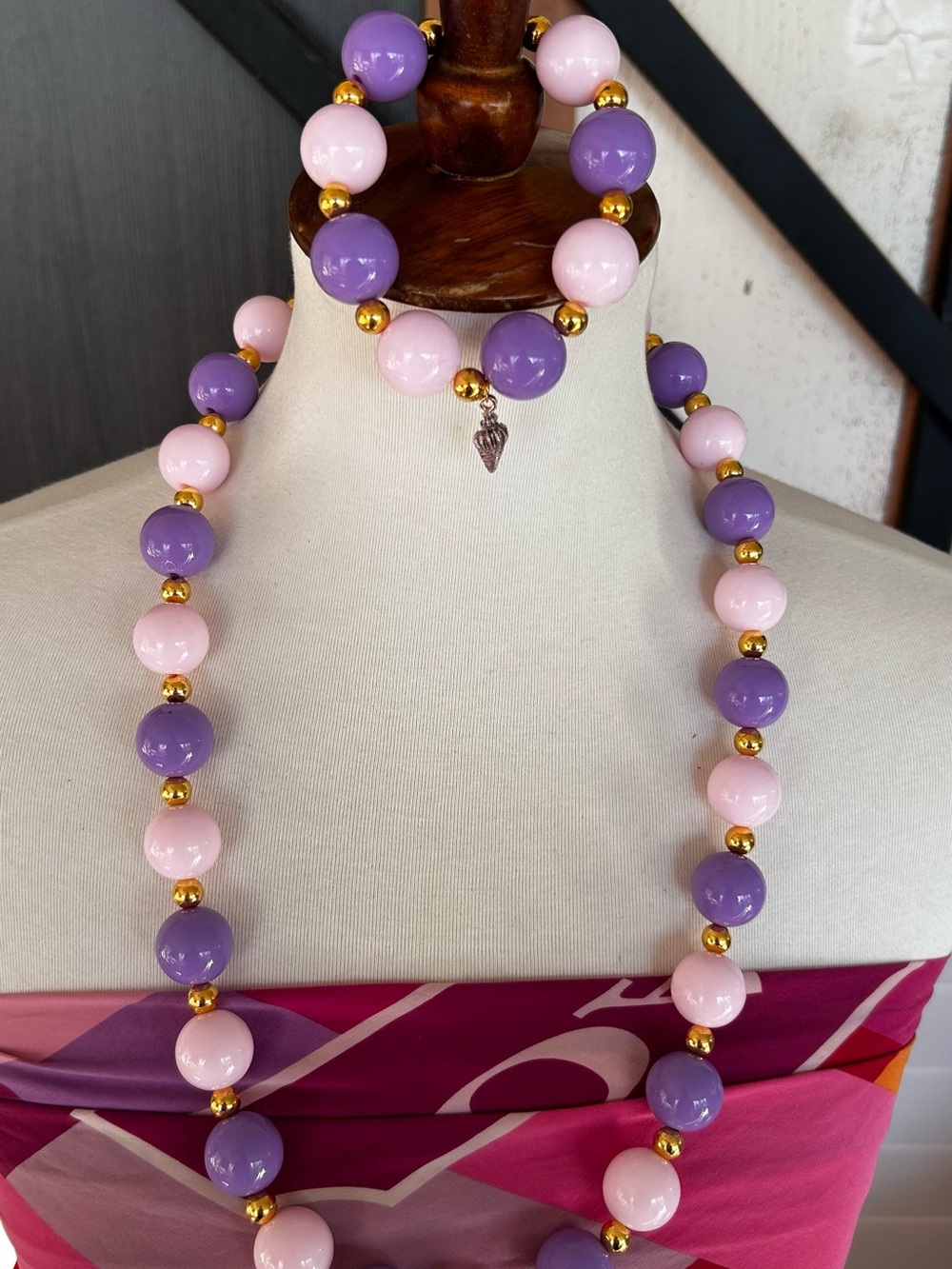 Marea Designs Pink & Purple Bubblegum Bead Necklace Bracelet Set 20mm